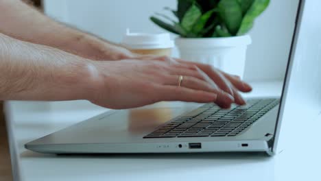 male hands print the text on the laptop keyboard on a white table, a green indoor plant on the background. without a face, a close -up