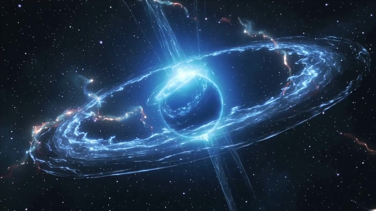 Sfera scura che forma un anello di plasma nello spazio profondo, con raggi che alimentano un nodo luminoso e ne guidano la rotazione.