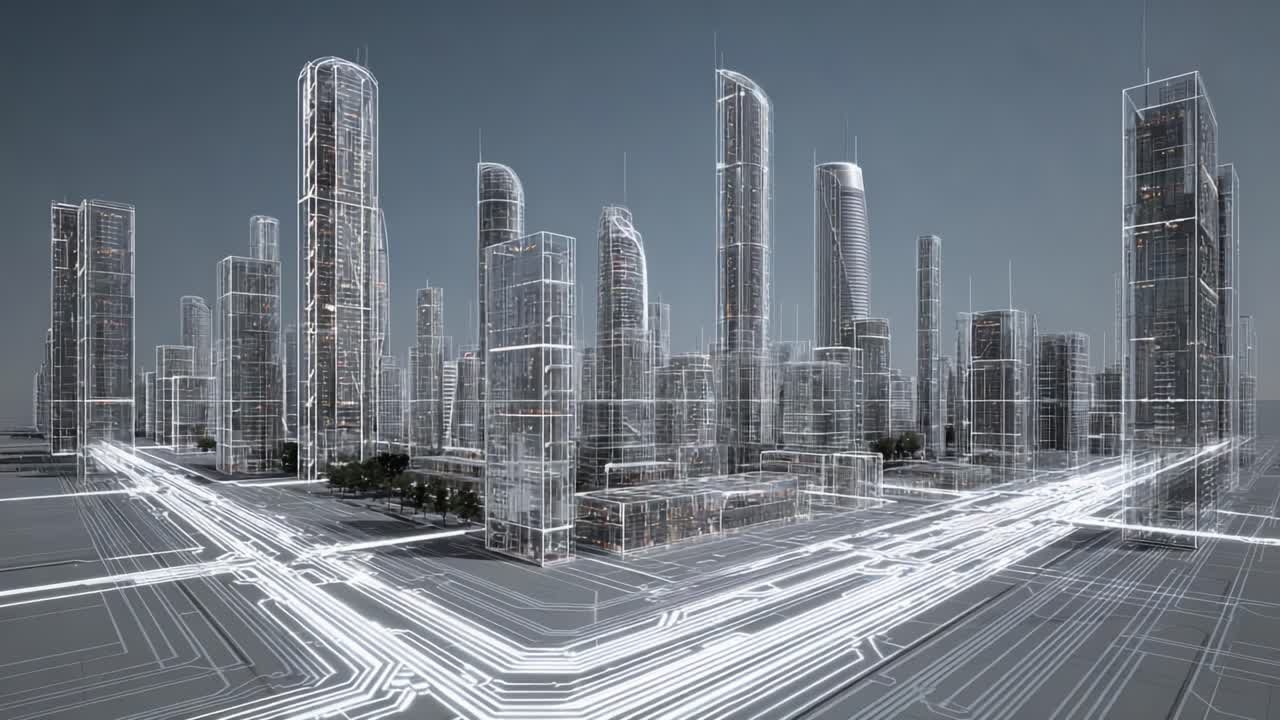 Futuristic Cityscape Render: A Visually Engaging Architectural Showcase of Digital Infrastructure and Urban Design in a High-Tech Environment