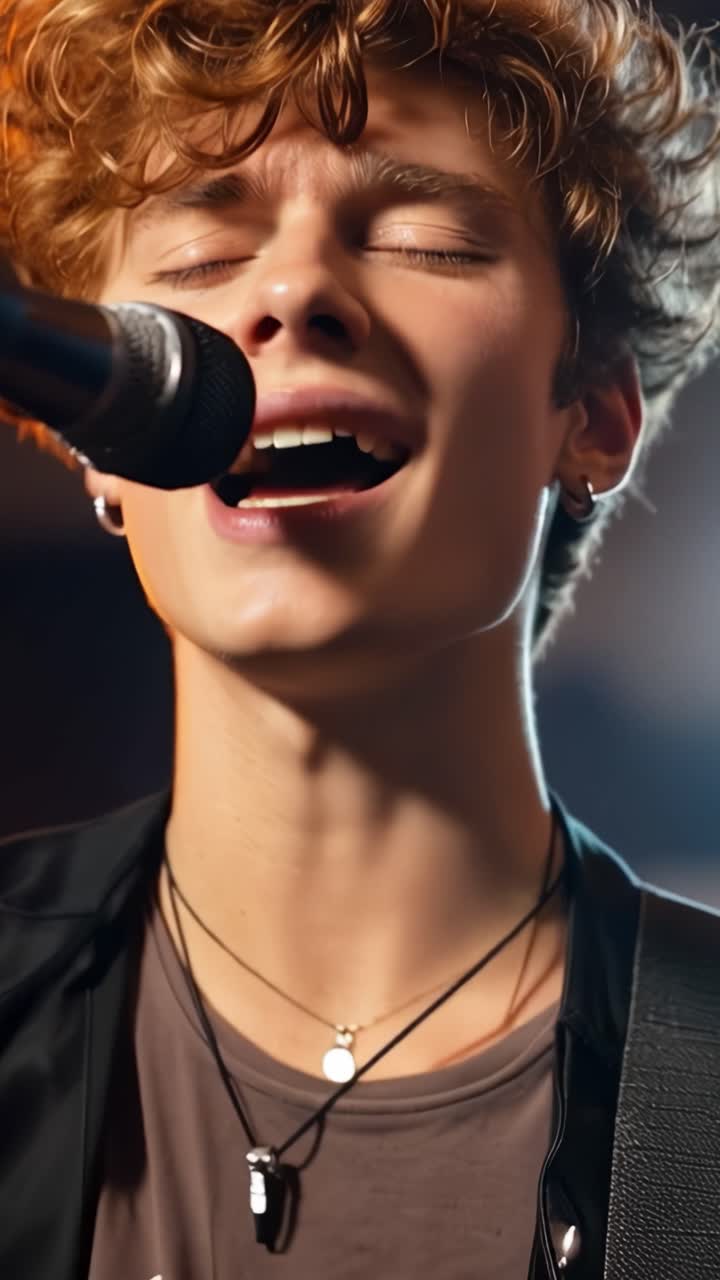 Emotional Performance by a Young Singer with Curly Hair Captured in Two Frames, Highlighting the Passion and Energy of Live Music Moments