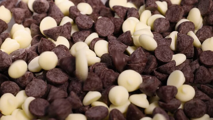 Gocce di cioccolato fondente e bianco che cadono insieme