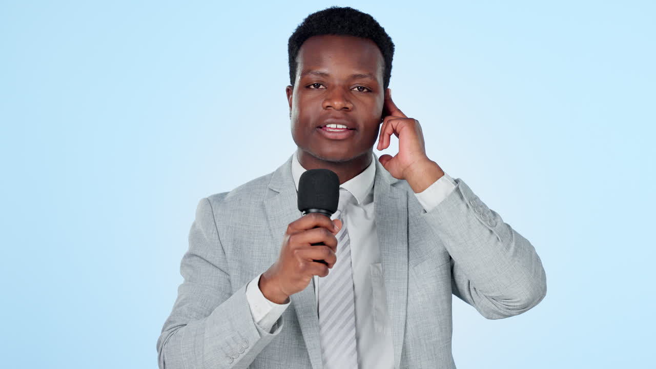 Black man, microphone and reporter with broadcast