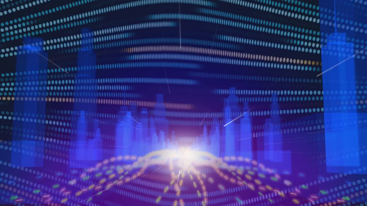 노란색과 녹색의 불빛으로 네이비 배경 위에 메타버스 도시에서 움직이는 불빛의 애니메이션