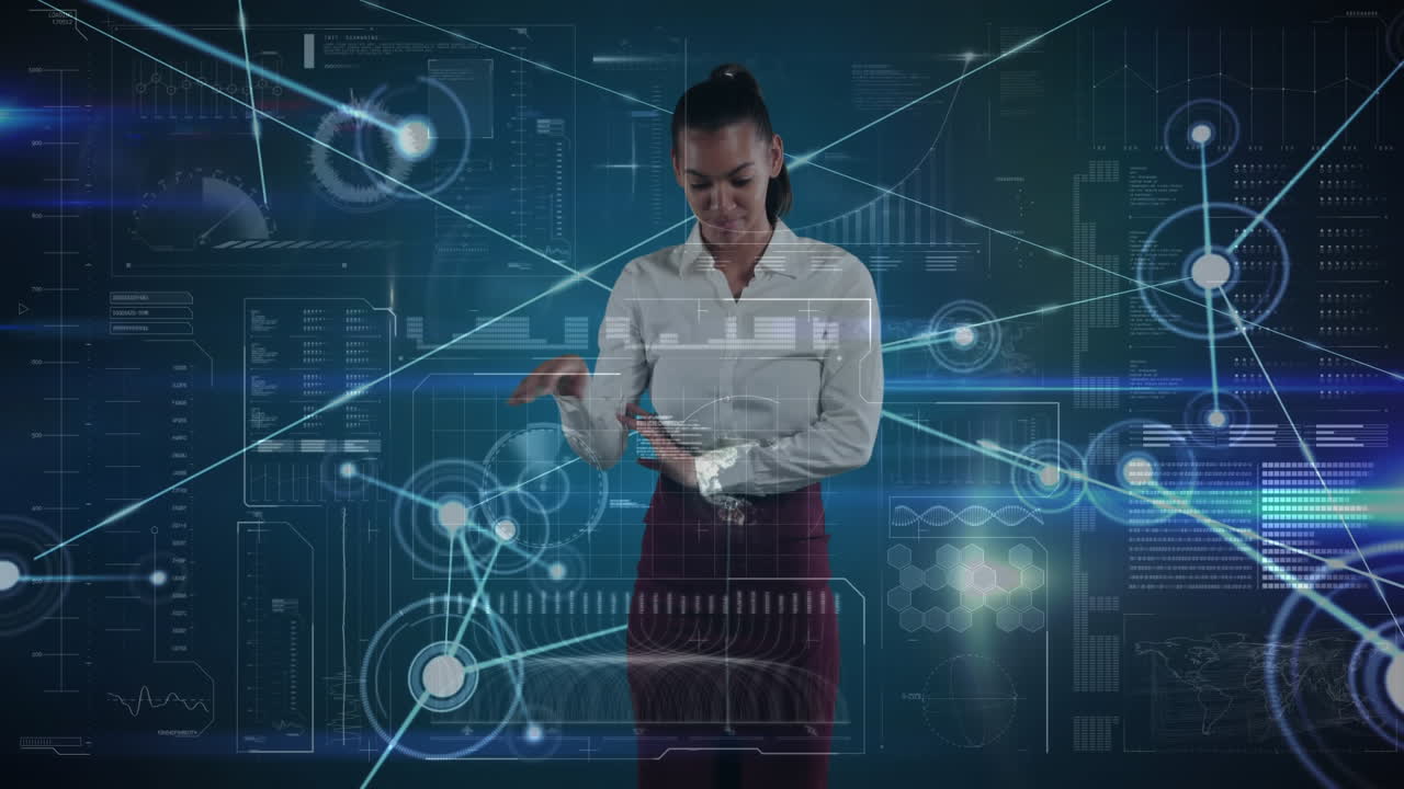 joven mujer de negocios biracial usando tecnología táctil