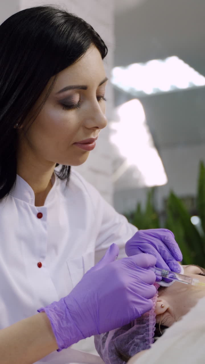 Hands of cosmetologist making injection in face. Rejuvenating facial injections. Aesthetic cosmetology. Vertical video