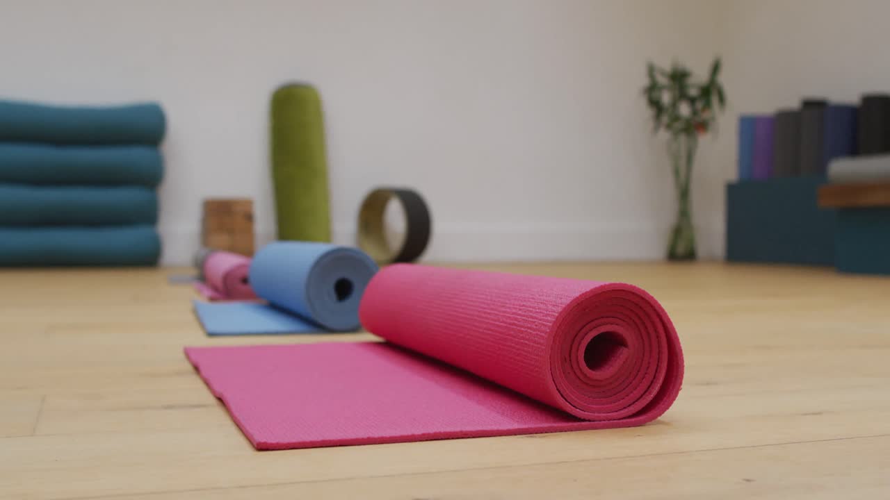 Rolled up yoga mats in exercise studio with wooden floor and plant