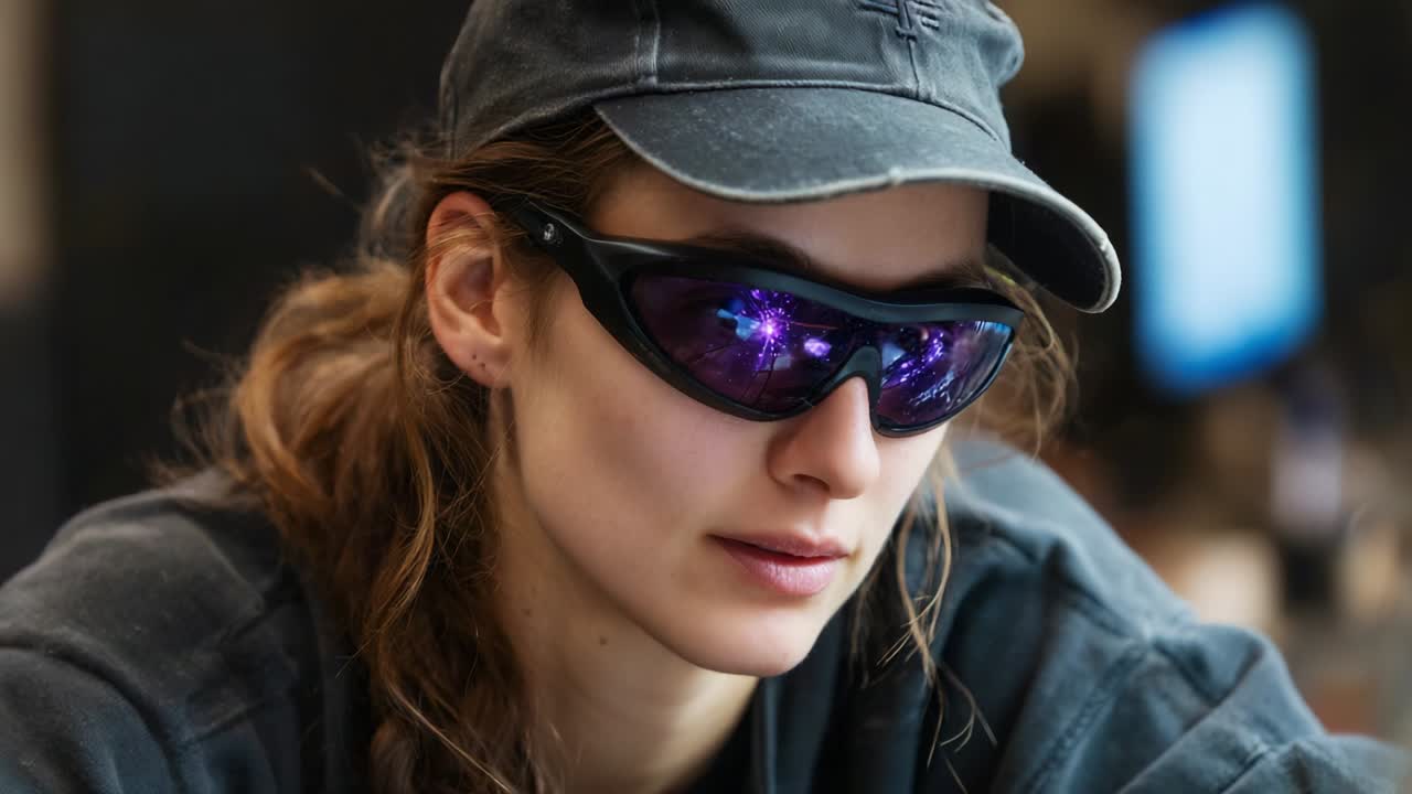 A thoughtful individual wearing sunglasses and a cap, focused on something off-camera, conveying a sense of concentration and interest in a lively environment while engaging with the surrounding atmosphere
