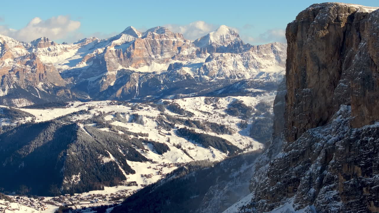 Aerial drone view of the Gardena Pass high mountain pass in the Dolomites, Italy