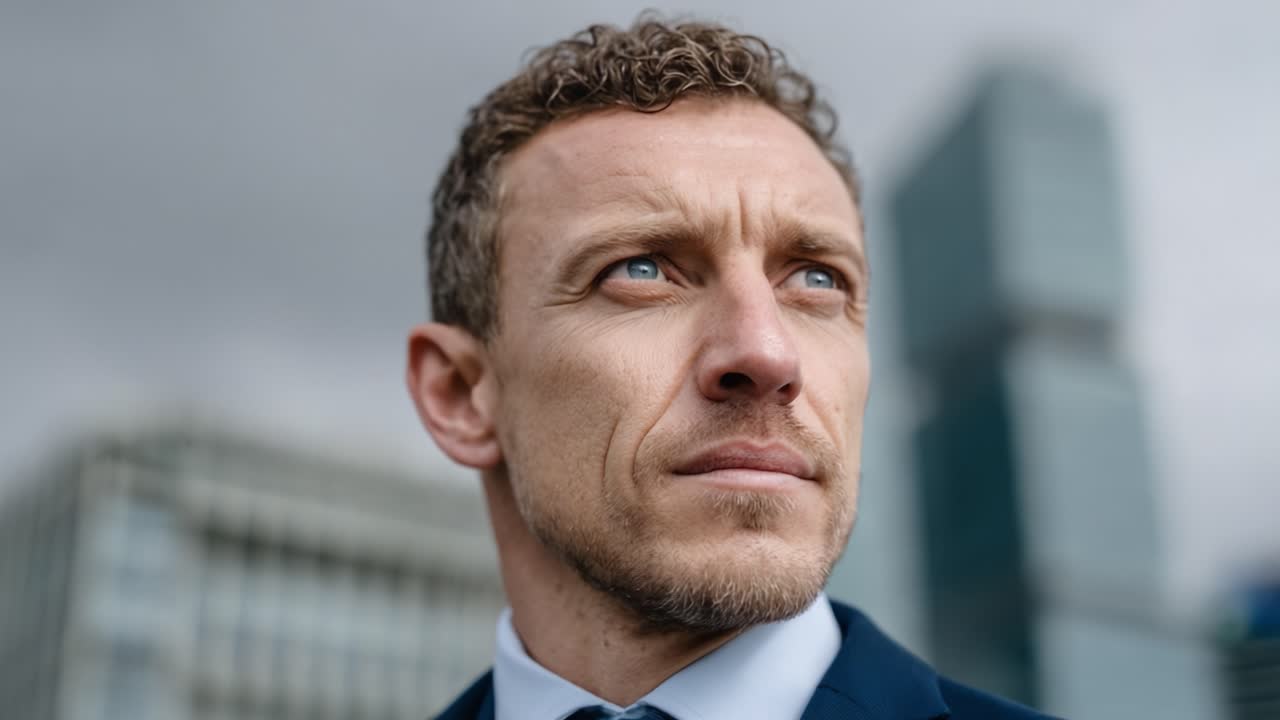A Confident Professional Stares Into the Future Against a Dramatic Urban Skyline, Emphasizing Determination and Ambition in a Modern Business Environment