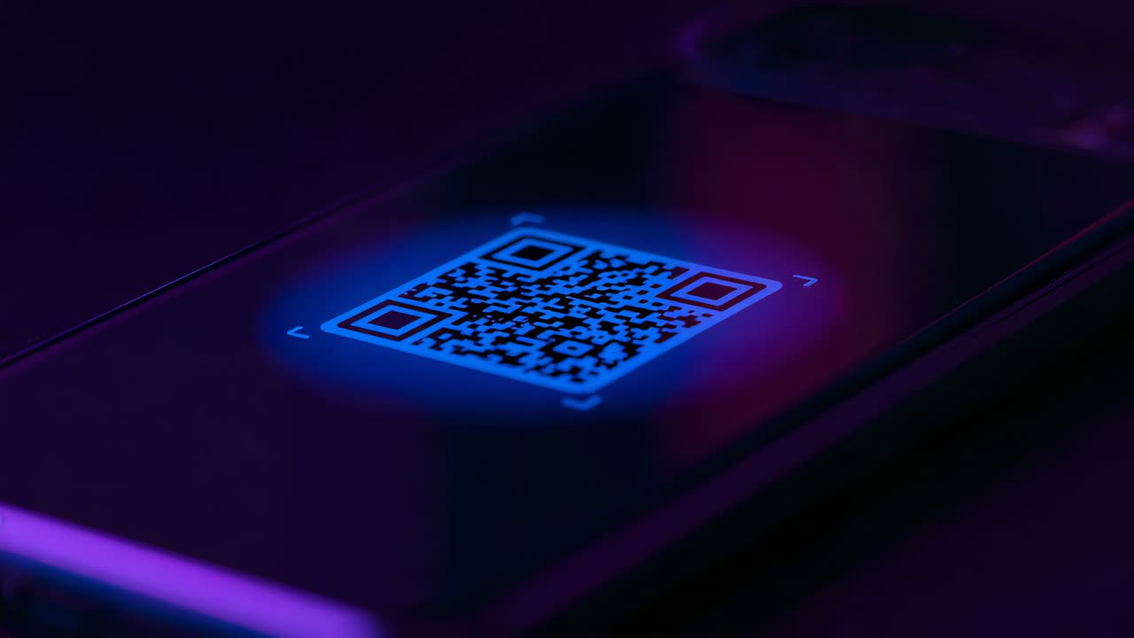 Pulsing glowing QR code overlay brightening on phone glass near camera, responding to scan