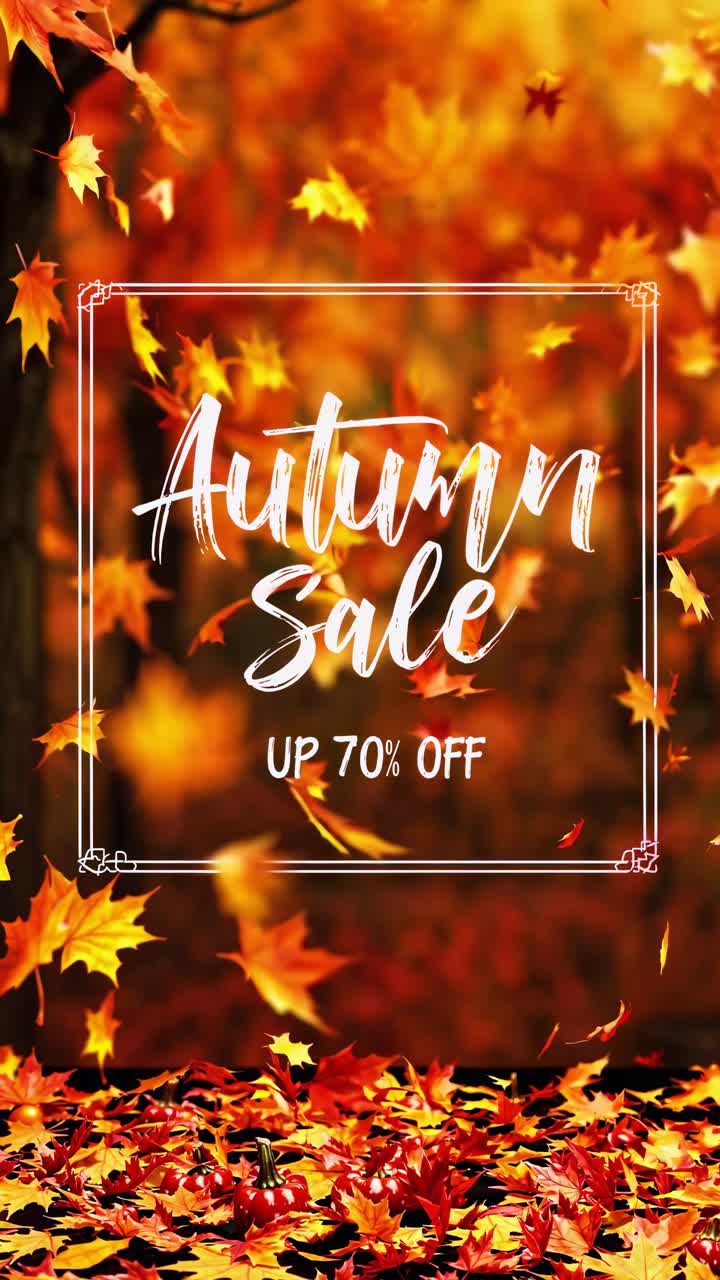 Vibrant autumn sale video concept with falling leaves. Aerial angle captures rich red and orange
