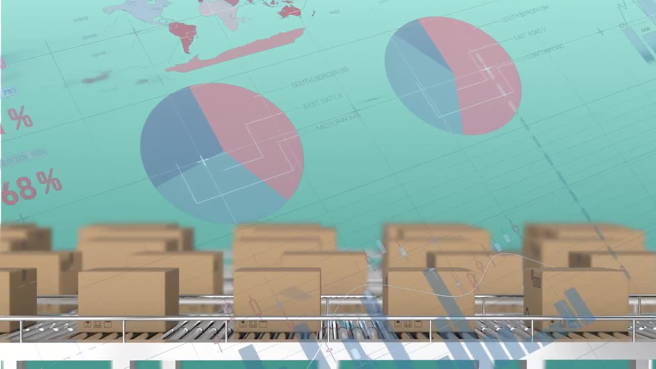 animación del procesamiento de datos estadísticos sobre cajas de entrega en cinta transportadora sobre fondo azul