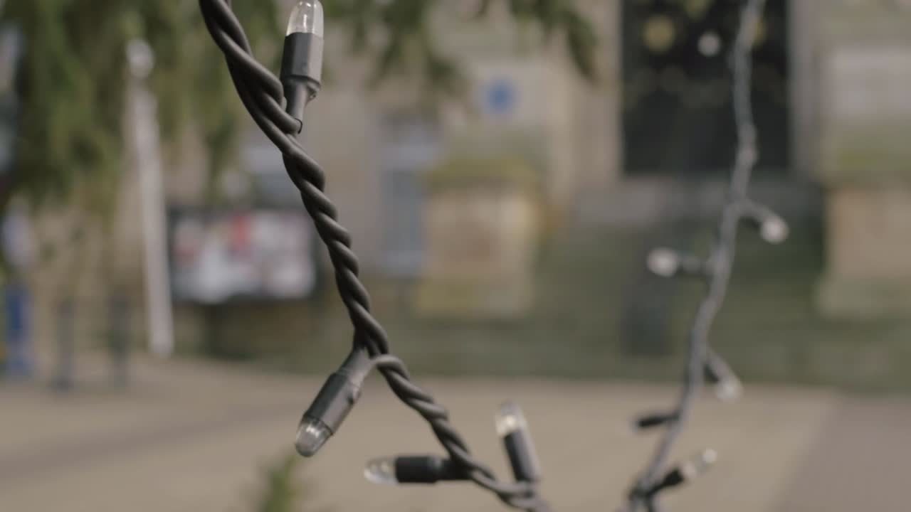 неосвещенные рождественские гирлянды, висящие на дереве в центре города