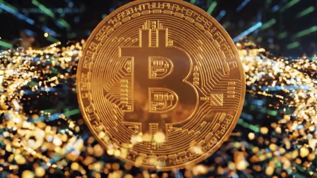 Rappresentazione dinamica di Bitcoin in un universo digitale, mostrando una criptovaluta scintillante in movimento, circondata da un'esplosione di flussi di dati colorati ed effetti di luce.