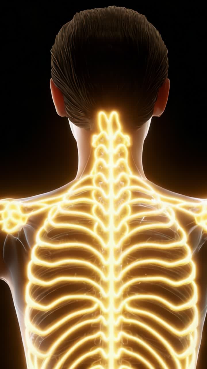 Rappresentazione artistica di una colonna vertebrale umana che evidenzia i percorsi neurali e il flusso di energia in una prospettiva luminosa e anatomicamente dettagliata