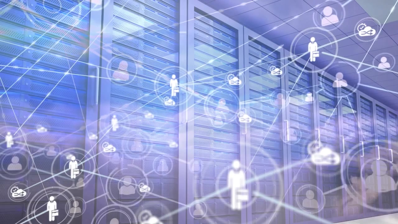 Network of connections against view of tall buildings in background