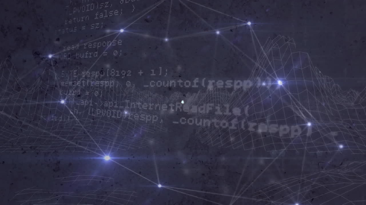 Animation of connected icons and dots against programming language in background