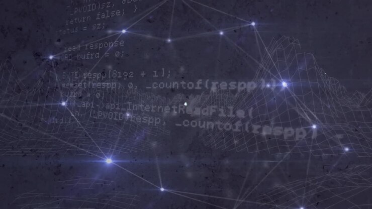 Animation of connected icons and dots against programming language in background