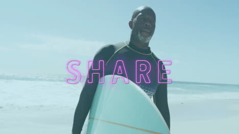 carrying surfboard on beach, man with share text overlay in pink letters