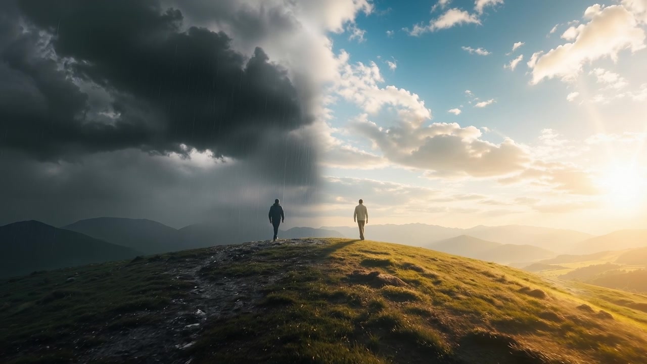 Dos personas de pie en una cresta de montaña cubierta de hierba bajo un cielo dramático y contrastado.