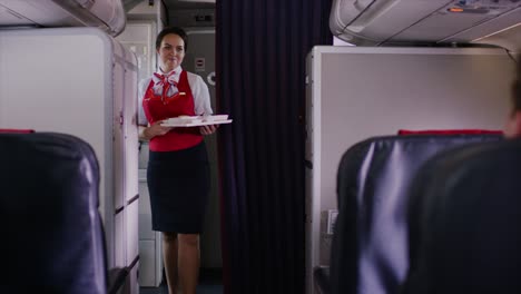 airline flight attendant serving food