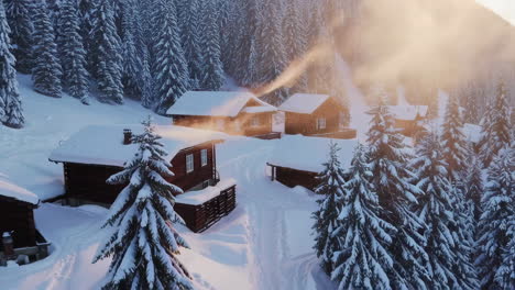 snowy mountain village at sunrise