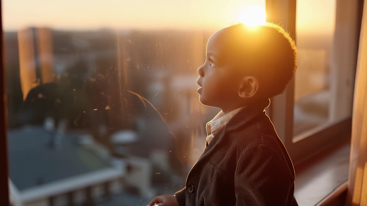 Golden light spills through windowpane. Child gazes thoughtfully outside, quiet and curious. Soft focus blurs cityscape behind glass. Warm tones highlight child's innocent expression