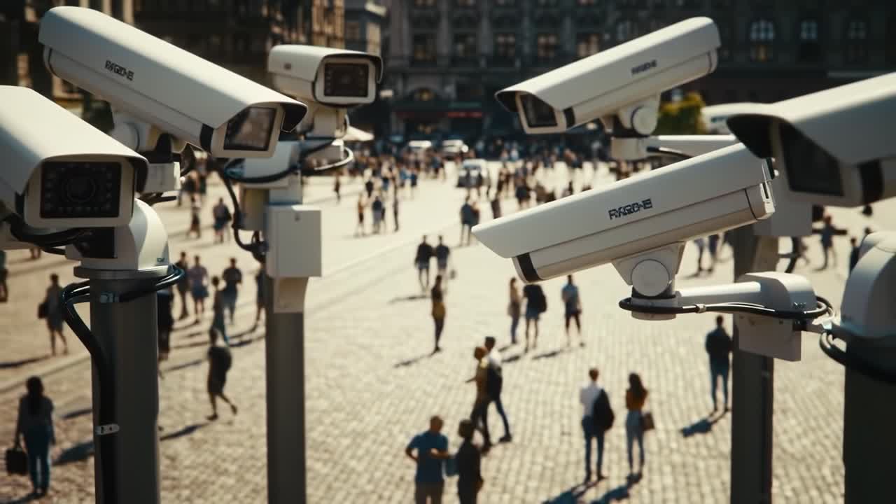 A Surveillance Perspective: Monitoring Human Activity in a Bustling Urban Setting with Advanced Camera Technology Displayed Prominently in the Foreground