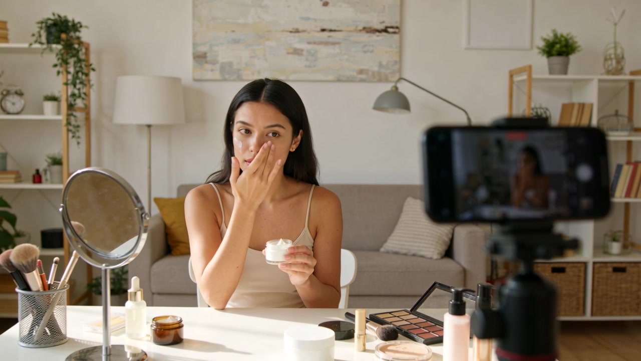 Tripod phone recording, creator beige cami dabbing cream rubbing face at home mirror for viewers