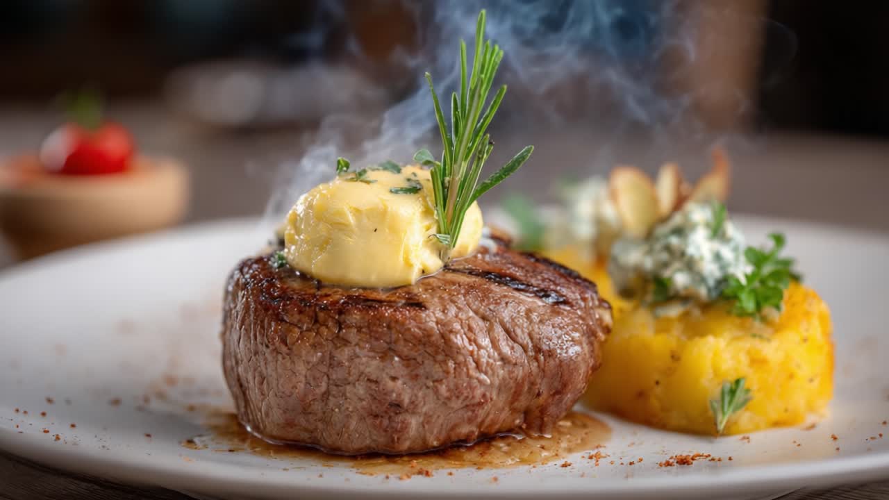Succulent Grilled Steak with Butter and Herbs: A Culinary Delight Capturing the Essence of Gourmet Dining and Presentation in Every Bite