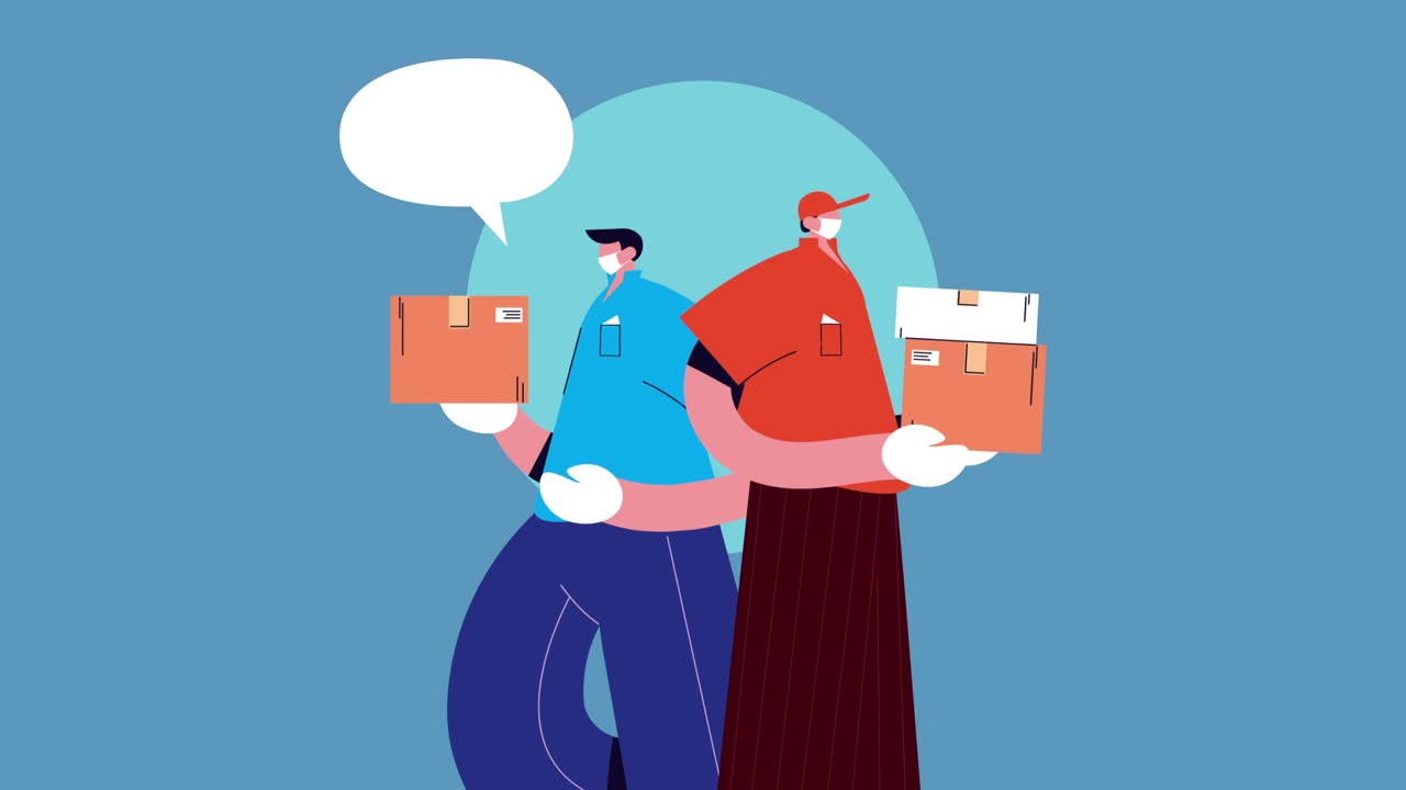 상자 애니메이션을 가진 배달 서비스 노동자