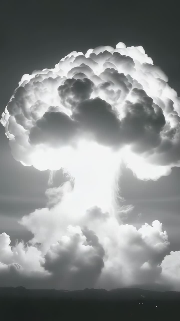 Vertical video: Flashing horizon igniting fireball erupting into mushroom cloud over flat landscape