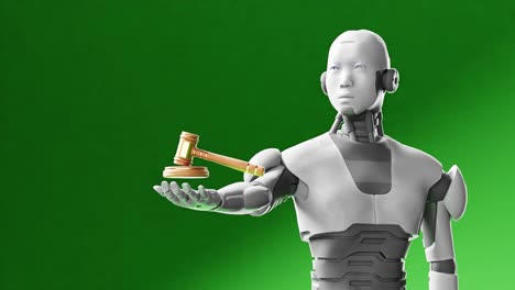 robot cibernético humanoide sosteniendo un juez martillo de justicia, inteligencia artificial en el debate de la corte fondo verde escenario futurista