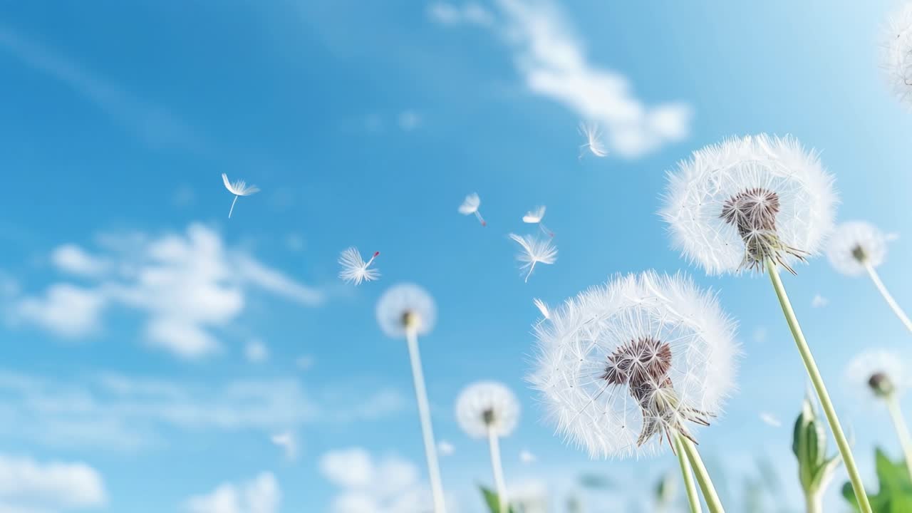 Lågvinkelbild av maskrosor mot en klarblå himmel, som fångar frön som flyger iväg