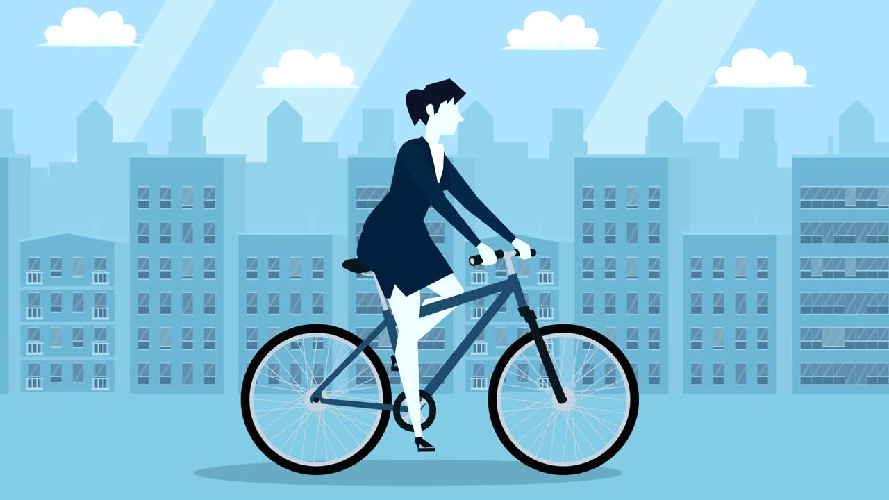 파란 스타일 사업가 자전거 타는 평평한 만화 캐릭터 애니메이션