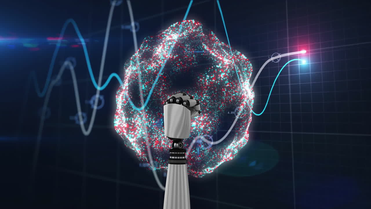 Animazione di un globo con braccio robotico con connessioni ed elaborazione dati su sfondo nero
