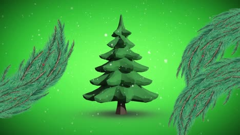 Animation-of-turning-christmas-tree-and-snow-falling-on-green-background