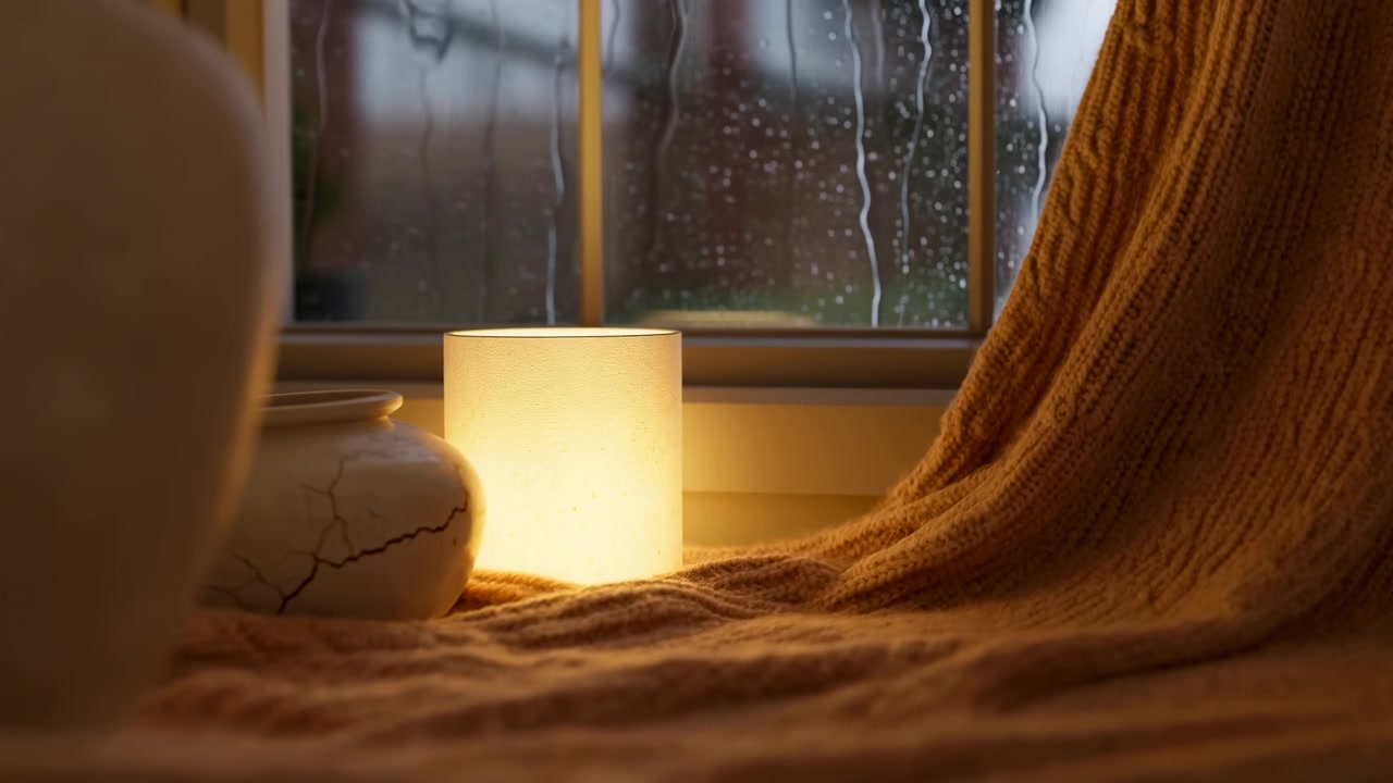 Un intérieur de chambre douillet avec une lampe de table lumineuse près d'une fenêtre couverte de gouttes de pluie, une literie moelleuse au premier plan et une lumière ambrée chaleureuse créant une atmosphère calme.