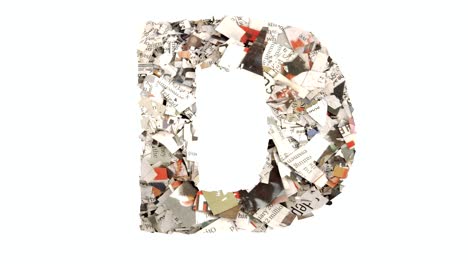 the letter d  with newspaper cuttings isolated on white stop motion loop