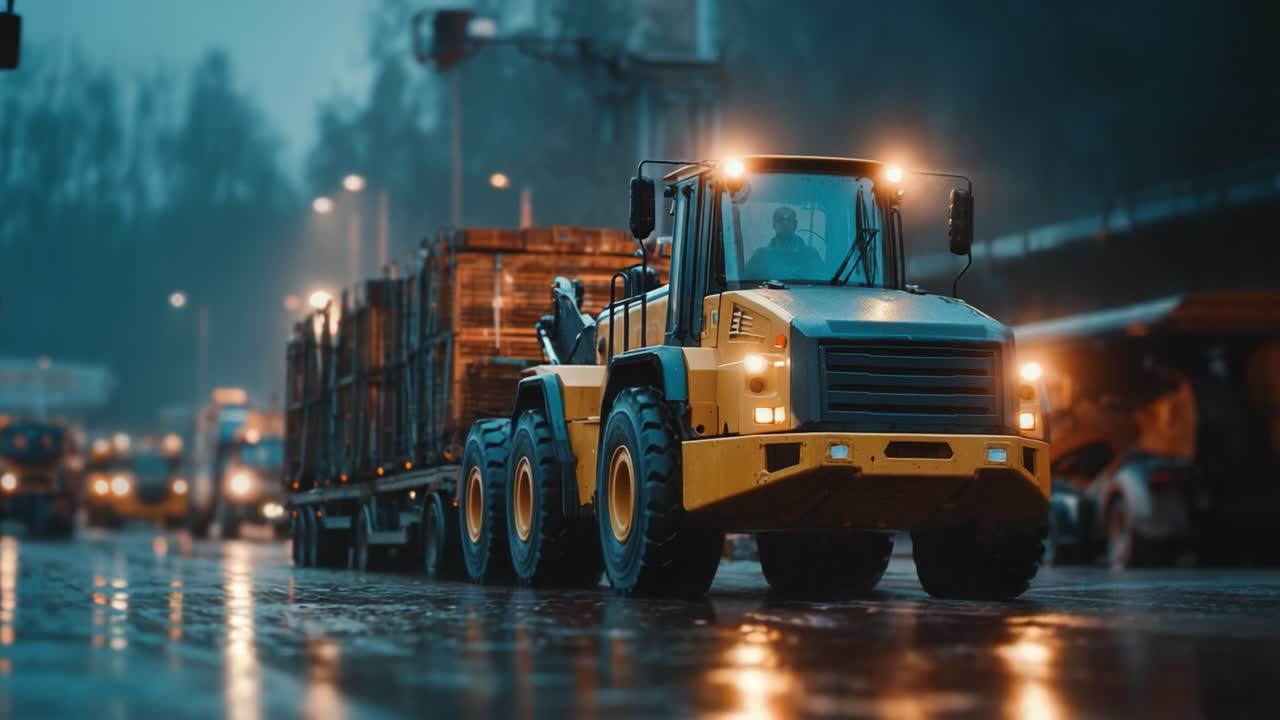 A Heavy-Duty Loader Transports a Load of Timber in the Early Evening Fog, Showcasing the Power and Versatility of Construction Equipment on a Busy Worksite