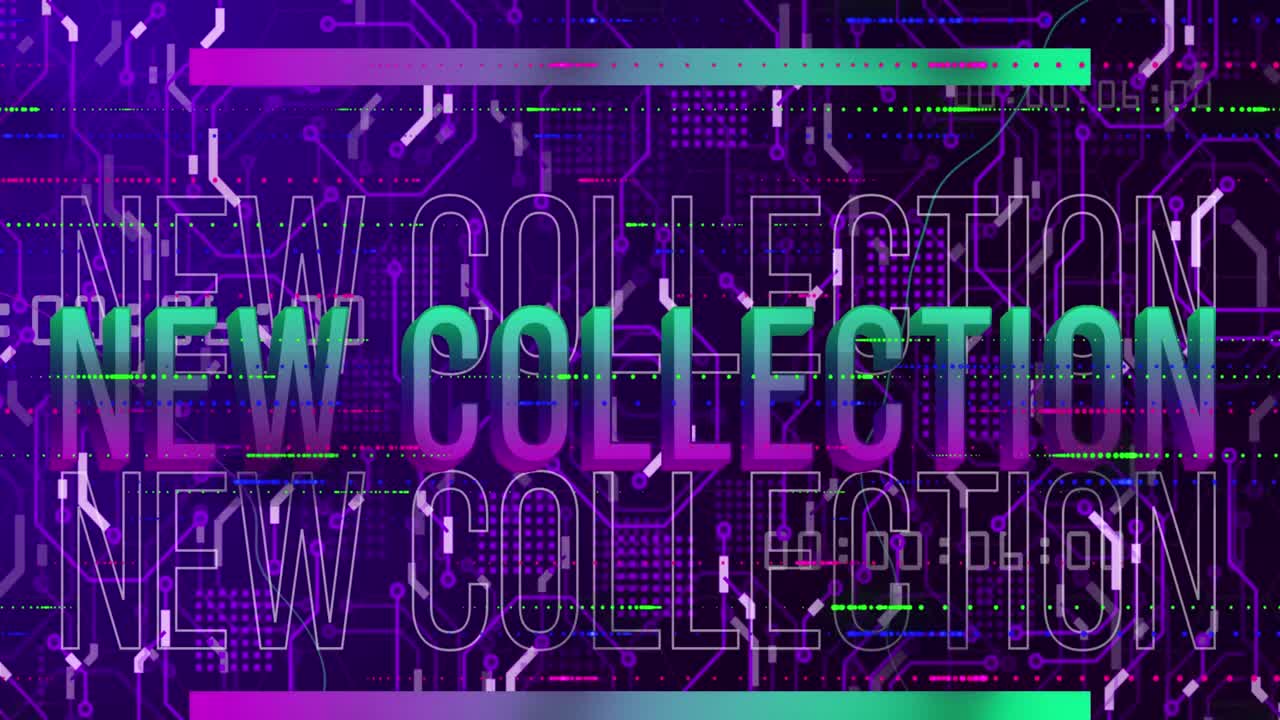 Animation of new collection text over neon network of connections and data processing