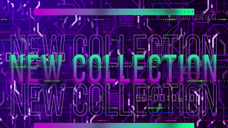 Animation of new collection text over neon network of connections and data processing