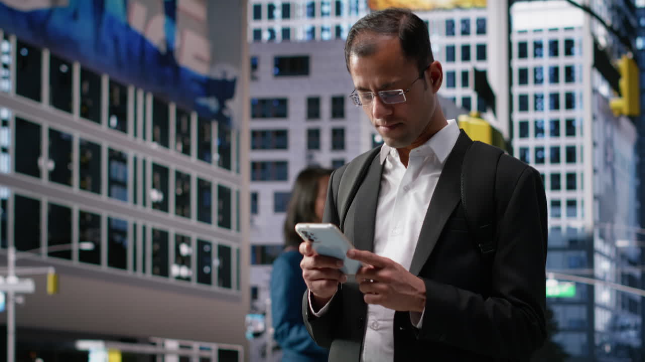 Portrait of indian corporate worker moving through busy city street