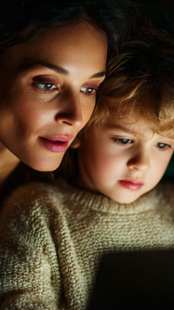 Ein zärtlicher Moment zwischen einer Mutter und ihrem Kind, während sie gemeinsam einen Bildschirm erkunden, der ihre enge Bindung und die Freude am gemeinsamen Entdecken hervorhebt
