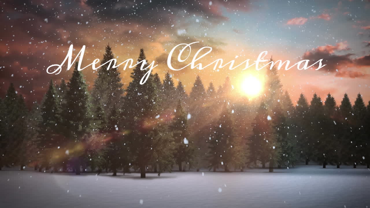 Animation of merry christmas text over fir trees and winter landscape