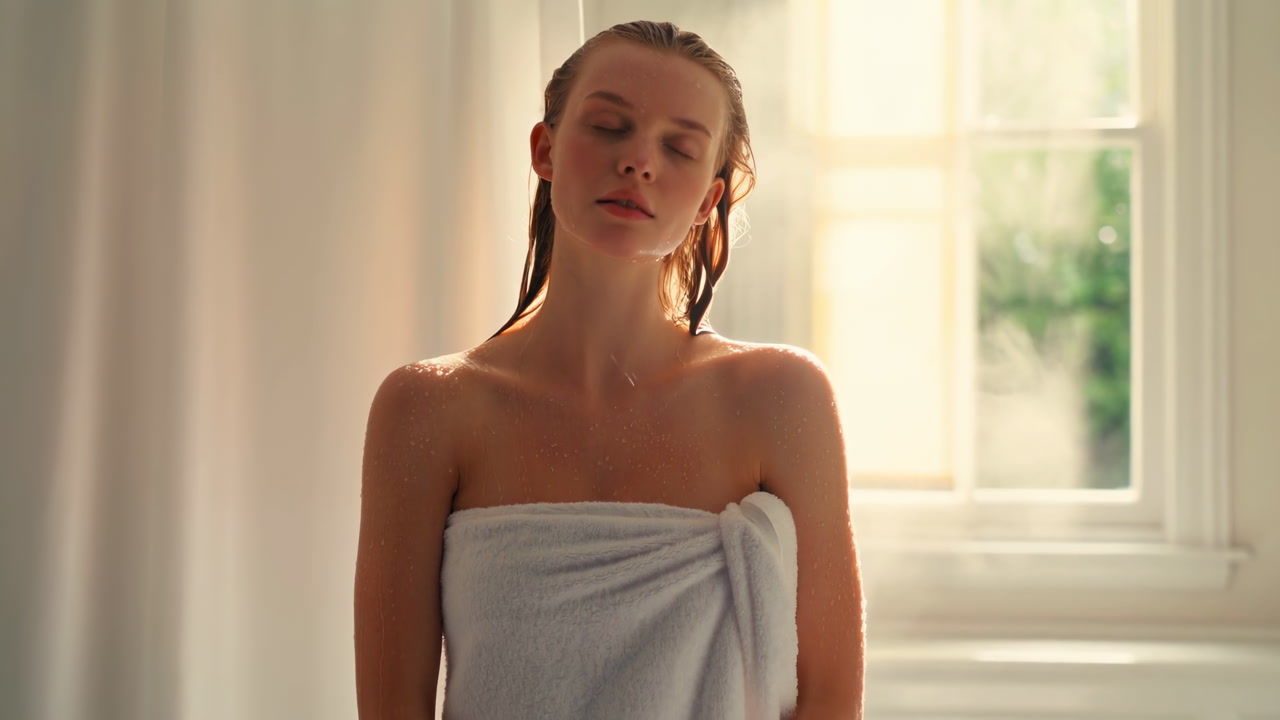 Woman Wrapped In Towel By Window, Eyes Closed, Fresh Hair Dripping, Warm Golden Light And Soft Steam Fill