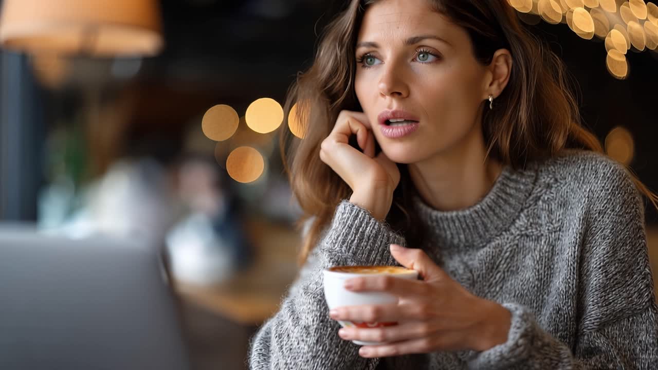 Mujer apoya la barbilla en la mano, sosteniendo café caliente. Fondo de enfoque suave, iluminación acogedora de cafetería. Su mirada es pensativa, tranquila y reflexiva. Un suéter suave añade textura y confort a la escena.