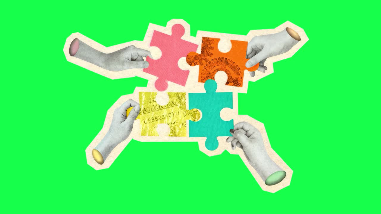 Animazione di mani che risolvono un puzzle in modo collaborativo, video 4K trasparente, green screen