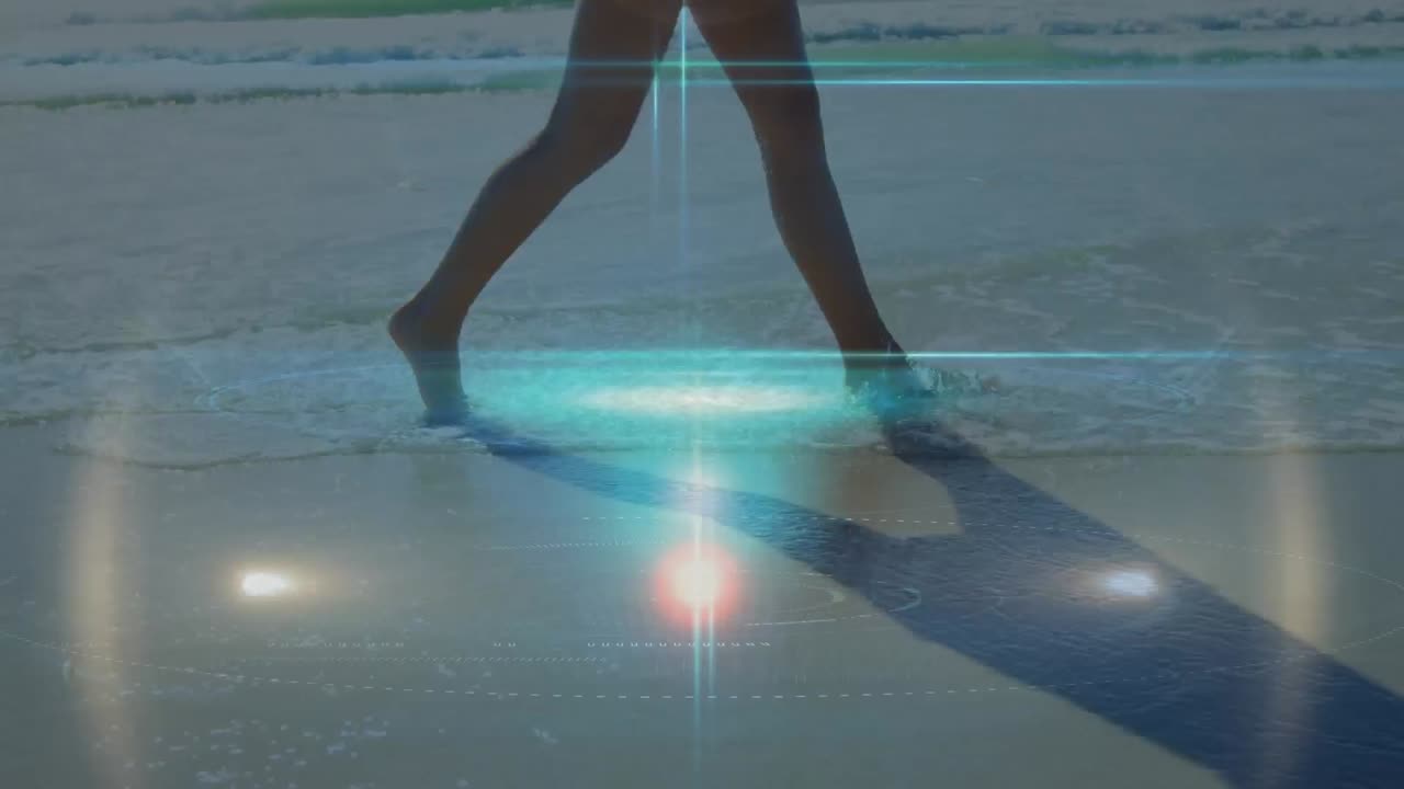 해변에 있는 백인 여성 위에 있는 빛의 반점들의 애니메이션