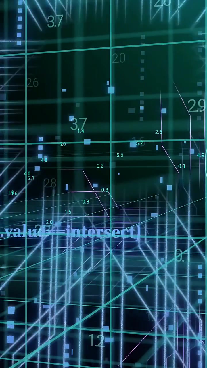 Vertical video: Camera moving forward starting 3D matrix rising pillars scrolling code showing data